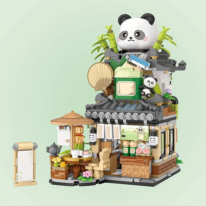 Mini Building Blocks Cute Panda Ornaments Street View Teahouse Assembly Bricks Folding Construction Toys for Children and Adults