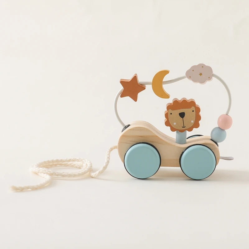 Wooden Baby Dragging Stars Moon Surround Car Beech Baby Toys Car Montessori Toys Hand Coordination Toy Handmade Decoration Gifts