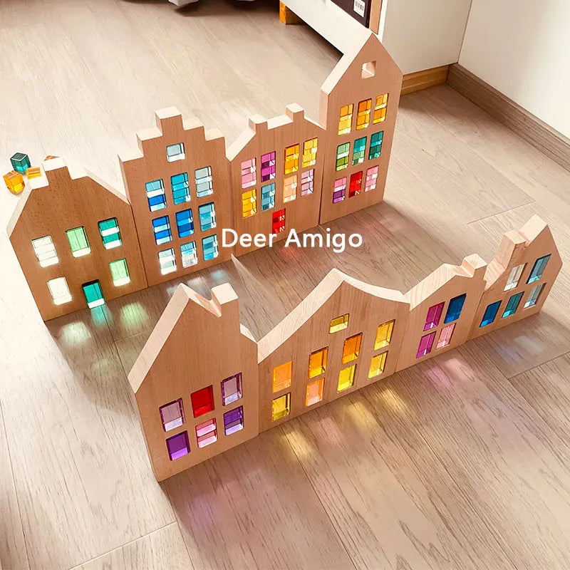 Dutch Wood Houses Lucite Cubes Blocks Rainbow Acrylic Building Blocks Color Street Open-ended Play Montessori Educational Toys