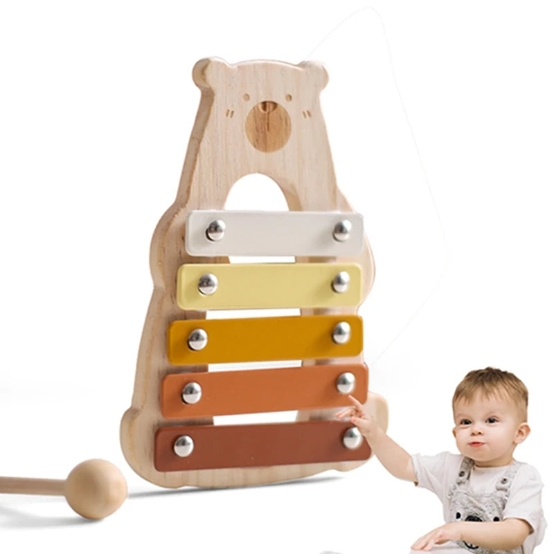 Baby Wooden Musical Instruments Toys Multifunctional Bear Shape Xylophone Octave Playing Musical Percussion Montessori Toys Gift