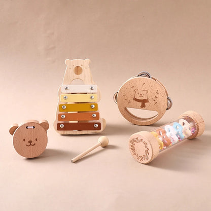 Baby Wooden Musical Instruments Montessori Toys Kids Bear Percussion Xylophone Rain Sound Pipe Music Shaker Early Education Toys