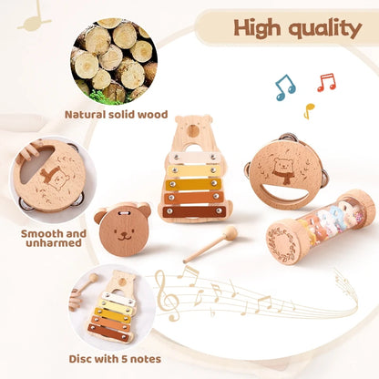 Baby Wooden Musical Instruments Montessori Toys Kids Bear Percussion Xylophone Rain Sound Pipe Music Shaker Early Education Toys