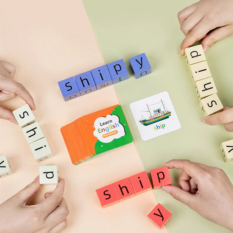 Montessori Wooden Word Spelling Game Learning Toy Alphabet Block with 54 Cards Parent-child Interactive Puzzles Toys Kids Gifts