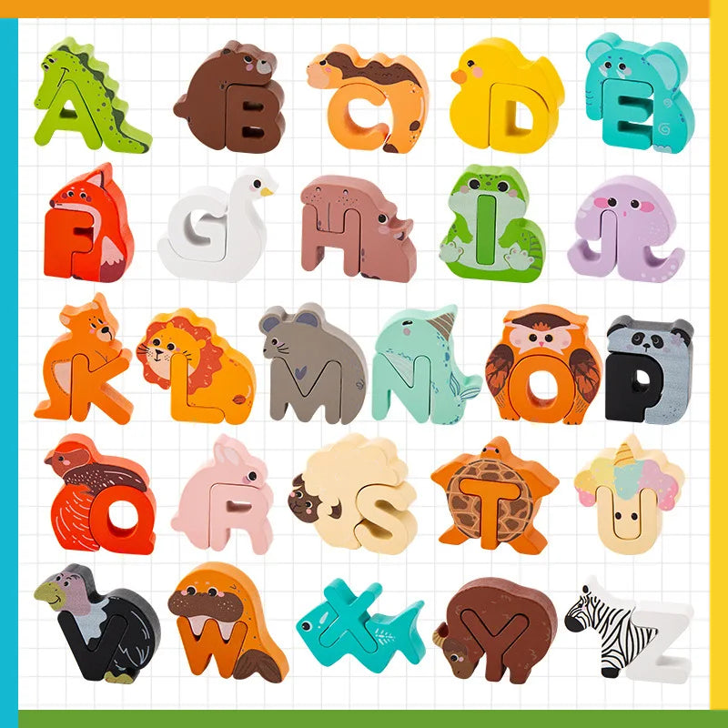 Wooden Alphabet Creative Puzzle Toy Abc Building Blocks Alphabet Cognitive Spelling Jigsaw Animal Puzzle Cute Gift for Kids