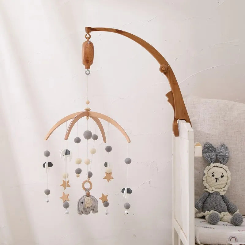 Wooden Baby Rattle Mobile 0-12Month Soft Felt Cartoon Sheep Star Moon Newborn Music Box Hanging Bed Bell Mobile Crib Bracket Toy