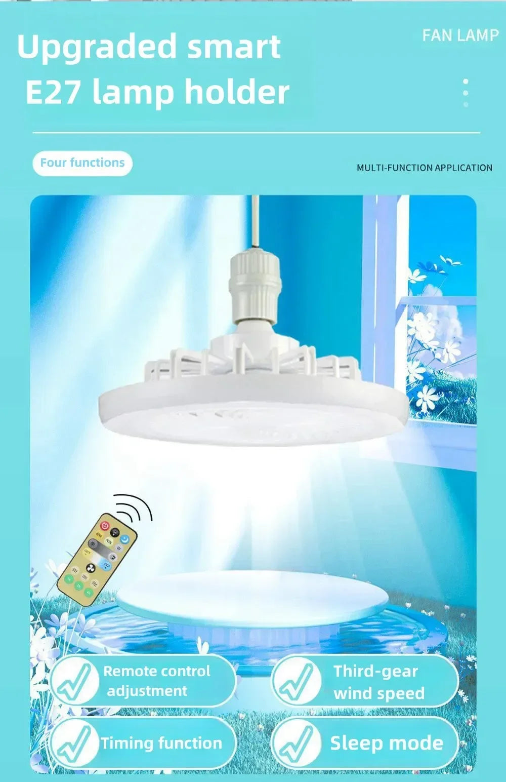 ﻿ Smart 2 In 1 Ceiling Fan With Remote Control Lighting E27 Conversion Base  Lighting Base Suitable for Bedroom and Living
