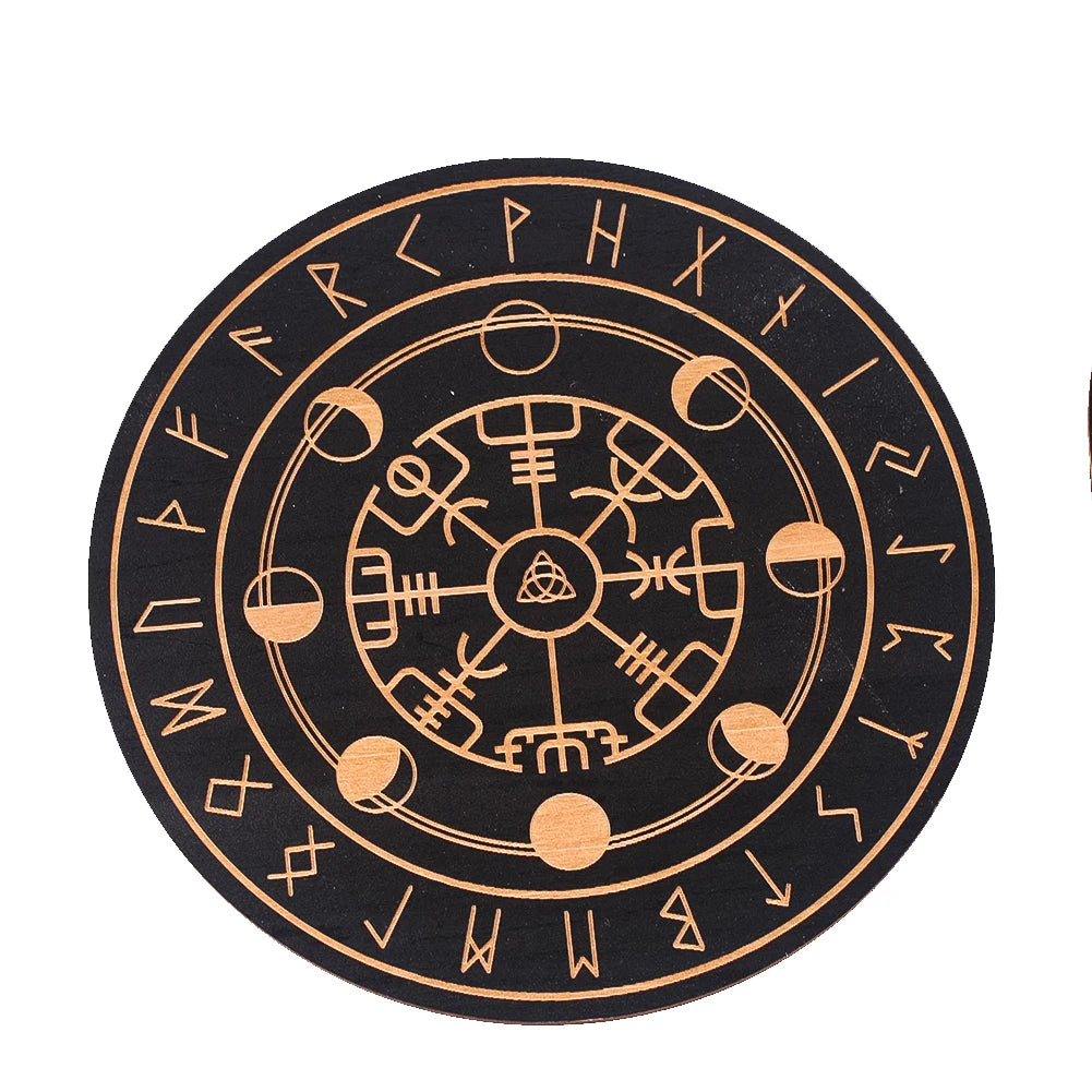 Black Round Wooden Board Laser Engraved Rune Coaster Yoga Meditation Board Healing Table Mat Spiritual Pendulum Divination Tool