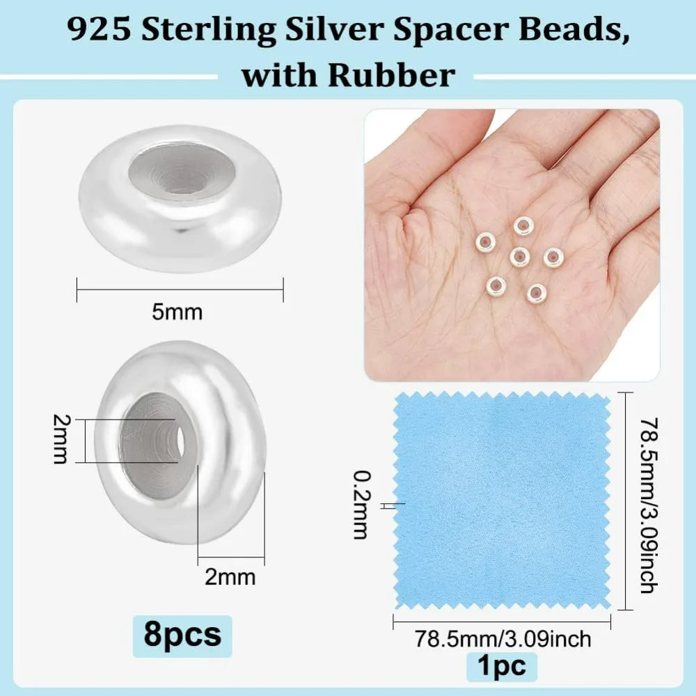 8Pcs 925 Sterling Silver Beads with Rubber Rondelle Slider Stopper Beads Silver Crimp Beads for DIY Necklace Jewelry making kit