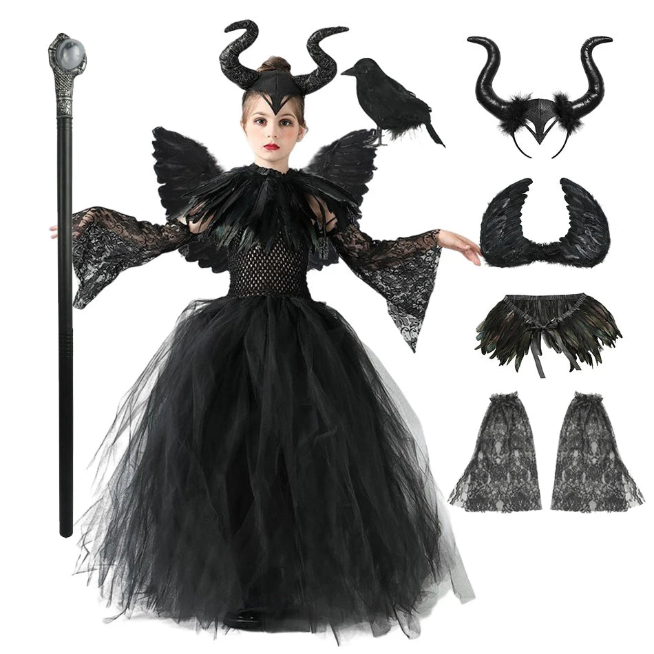 Disney Maleficent Devil Queen Tutu Costume Halloween Girls Fancy Tutu Dress with Feather Shawl Royal Kids Ball Gown Robe Outfits