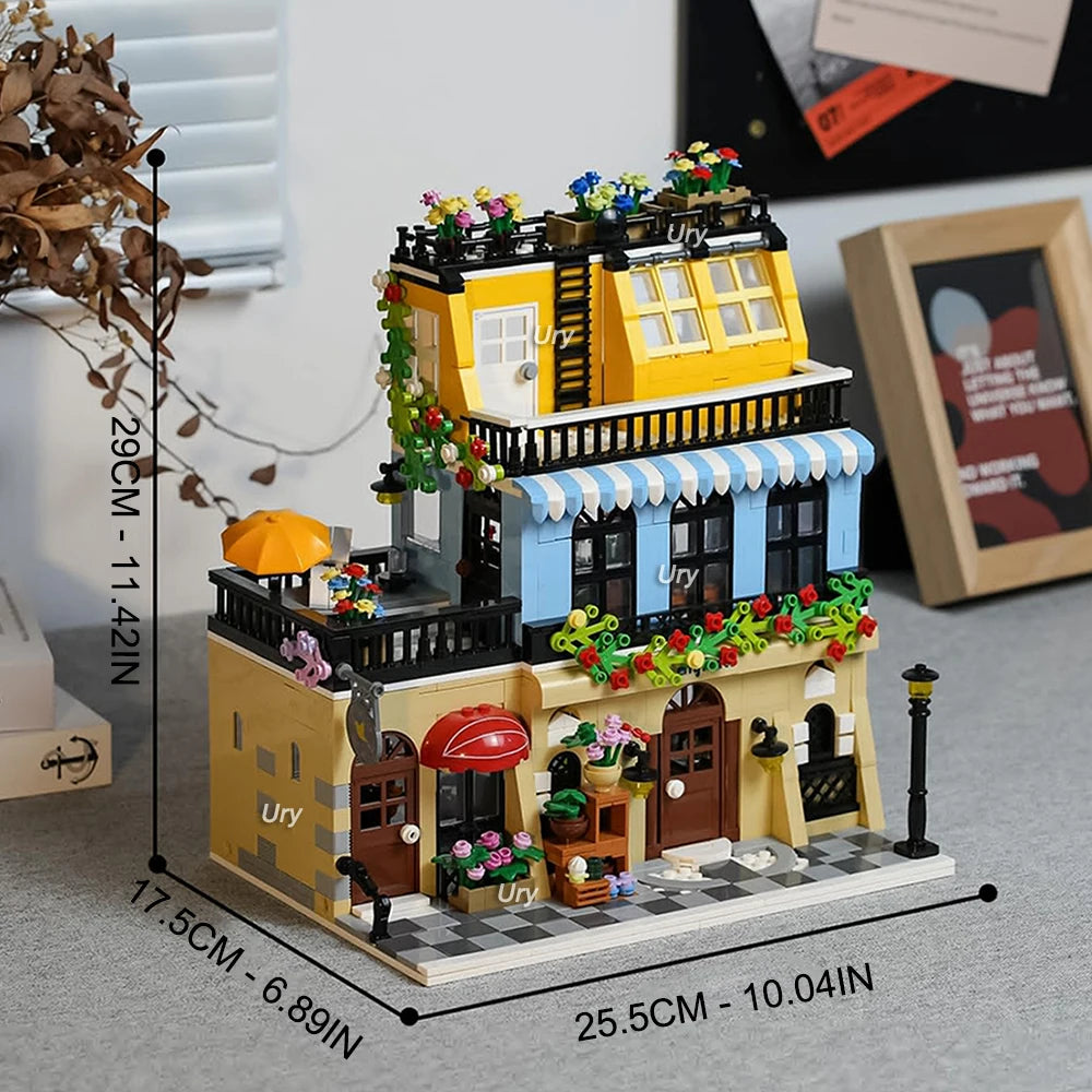 City Street View Modular Coffee Restaurant Retro Flower House with LED Light MOC Architecture Building Block Sets Toys for Kids