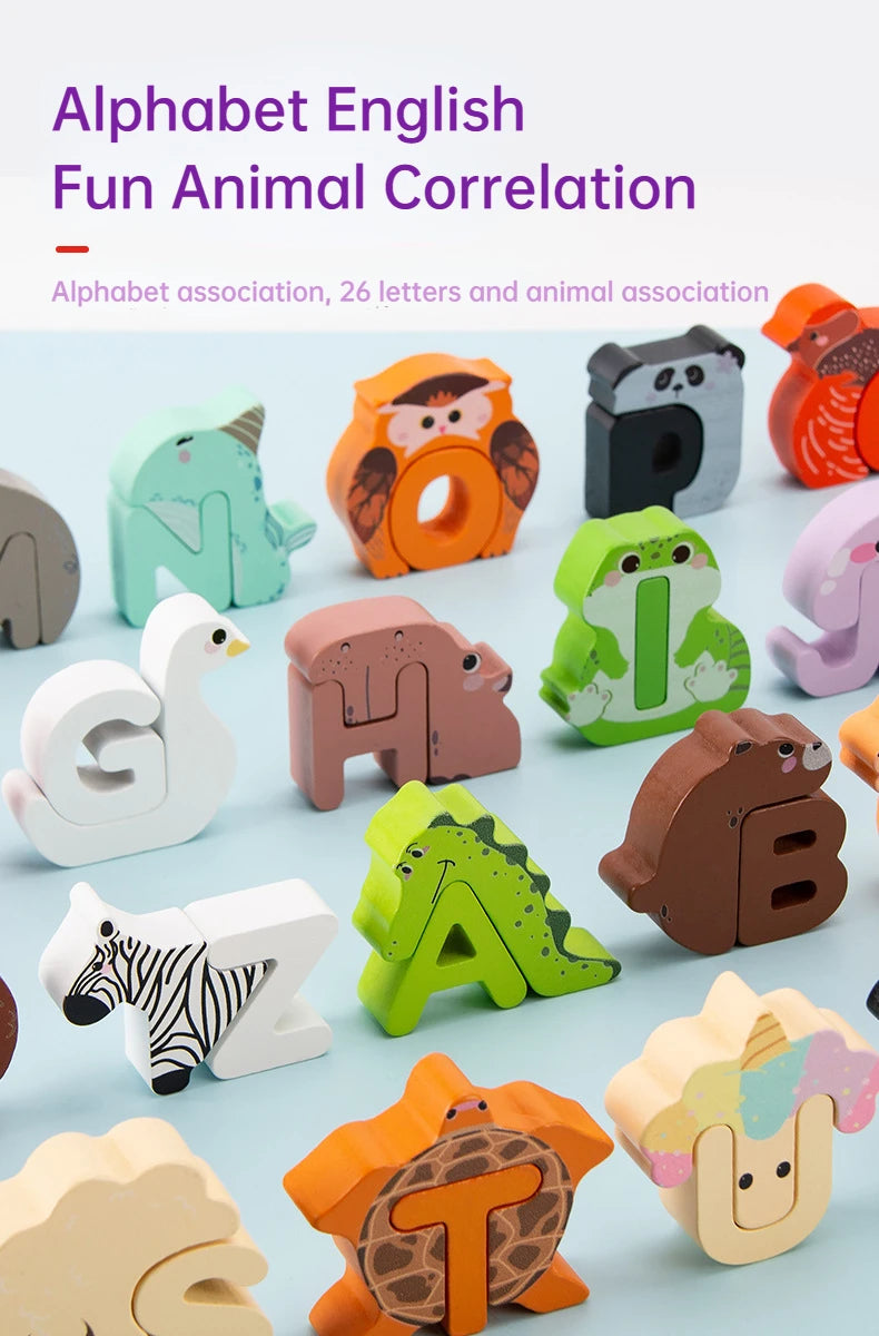 Wooden Alphabet Creative Puzzle Toy Abc Building Blocks Alphabet Cognitive Spelling Jigsaw Animal Puzzle Cute Gift for Kids