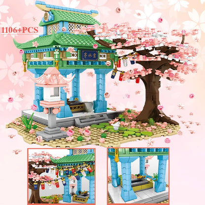 SEMBO BLOCK Sakura Street View Blocks City Cherry Blossom Japanese Sakura Tree Diy House Mini Model Building Children Toys