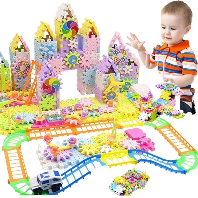 3D Electric Track Gears Model Building Blocks Plastic Kid House Blocks Bricks Educational Construction Toys for Children Gifts