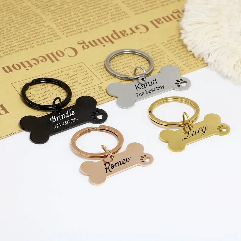 Personalized Stainless Steel Pet Tag Custom Engraved Dog Cat ID Name Keychains Bone Collar Phone Numbers Keyrings Gift 2025