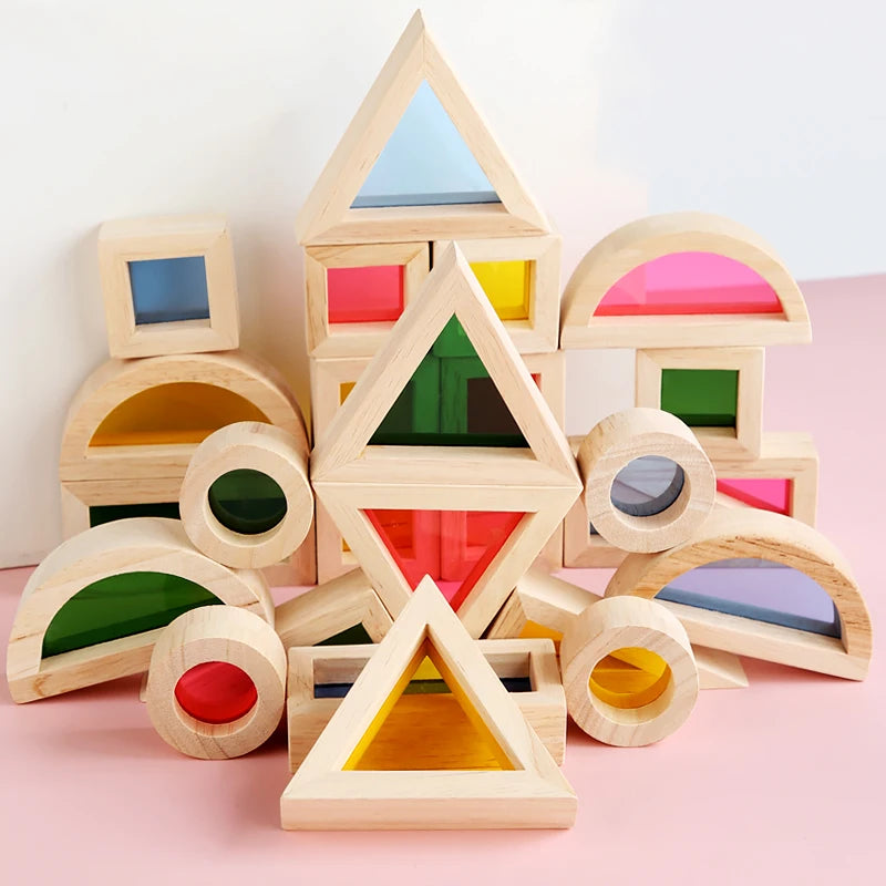 Rainbow Stacking Blocks Colorful Learning Educational Toys Kid Montessori Wooden Toy Construction Building Toys Set  For Ages 2+