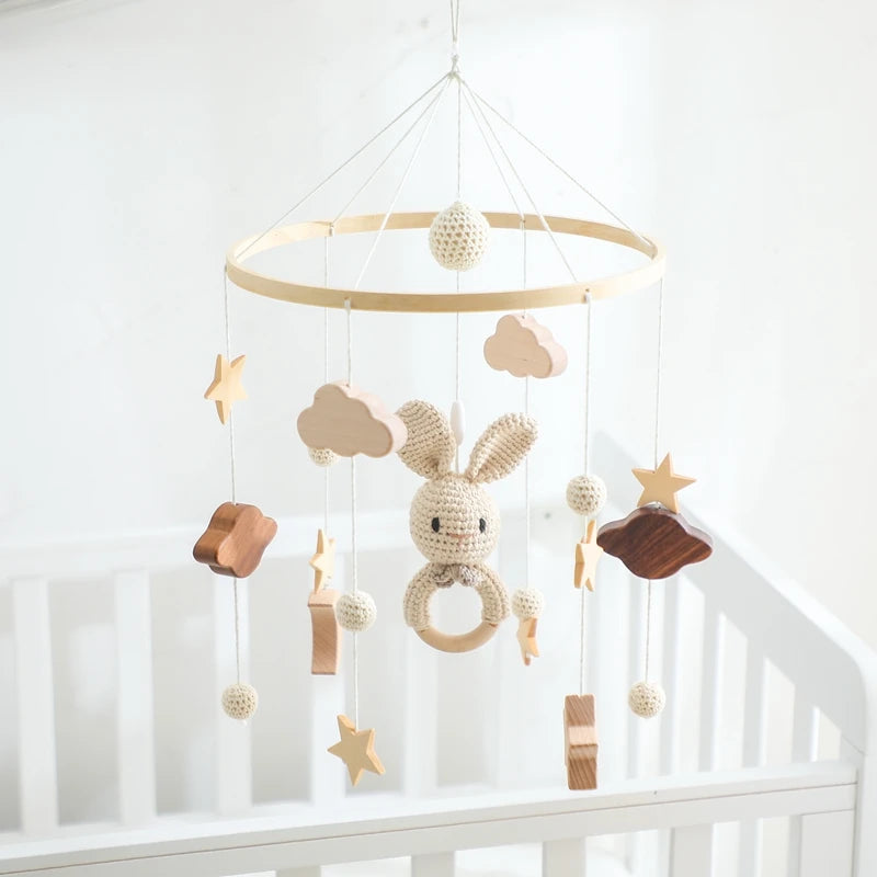 Baby Wooden Bed Bell Cartoon Rabbit Mobile Hanging Rattles Toy Hanger Crib Mobile Bed Bell Wood Toy Holder Arm Bracket Kid Gifts