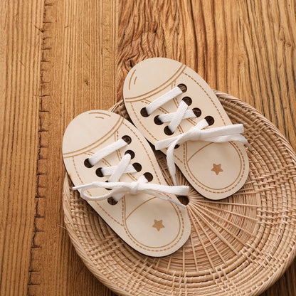 2pc Wooden Lacing Shoe Toy Learn to Tie Laces Creative Threading Educational Toys Practice Tying Shoelaces Boards Montessori Toy