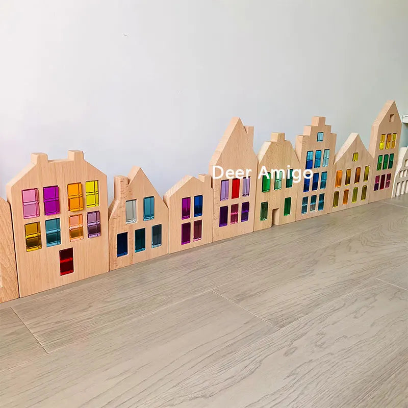 Dutch Wood Houses Lucite Cubes Blocks Rainbow Acrylic Building Blocks Color Street Open-ended Play Montessori Educational Toys