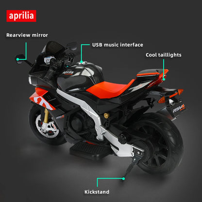 Aprilia Licensed 24V 12MPH Kids Motorcycle Electric Motorbike Ride On Toy w/150W Motor LED Lights Bluetooth Music 3-16 Years Old