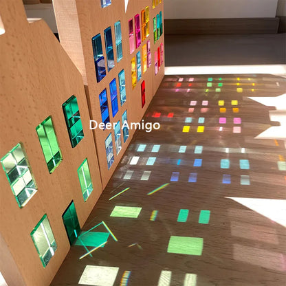 Dutch Wood Houses Lucite Cubes Blocks Rainbow Acrylic Building Blocks Color Street Open-ended Play Montessori Educational Toys