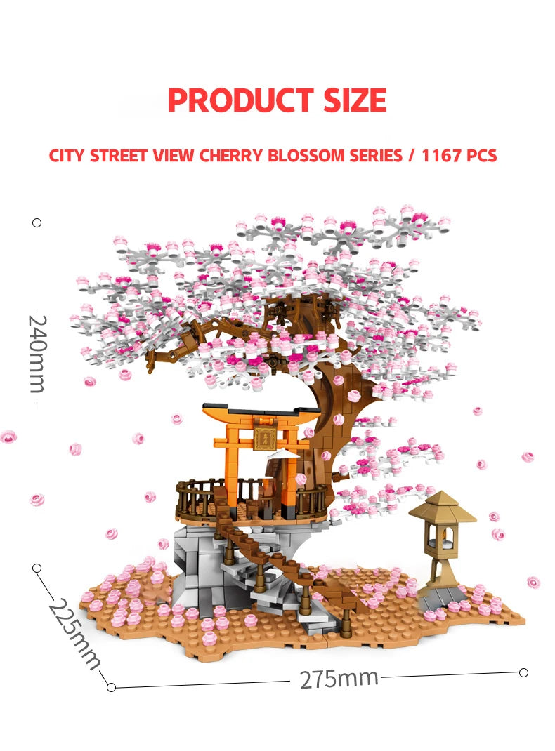 SEMBO BLOCK Sakura Street View Blocks City Cherry Blossom Japanese Sakura Tree Diy House Mini Model Building Children Toys