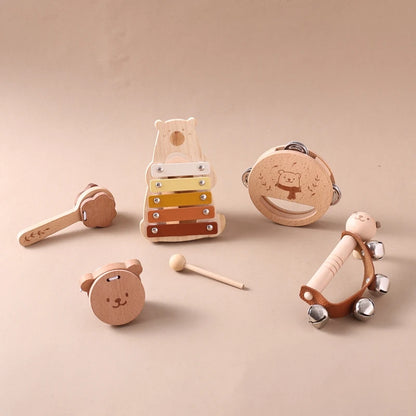 Baby Wooden Musical Instruments Montessori Toys Kids Bear Percussion Xylophone Rain Sound Pipe Music Shaker Early Education Toys