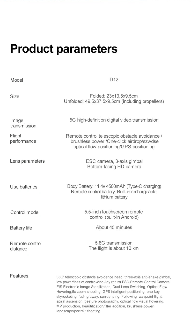 ZLL D12 Drone With 8K HD Camera Screen Remote GPS 360° Obstacle Avoidance 5G Wifi FPV Brushless Motor RC Dron Load capacity 500g