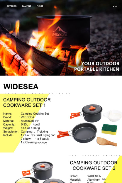 Widesea Camping Soup Pot Outdoor Teapot Cookware Pan Set Tableware Cutlery Utensils Hiking Picnic Travel Equipment Cooker