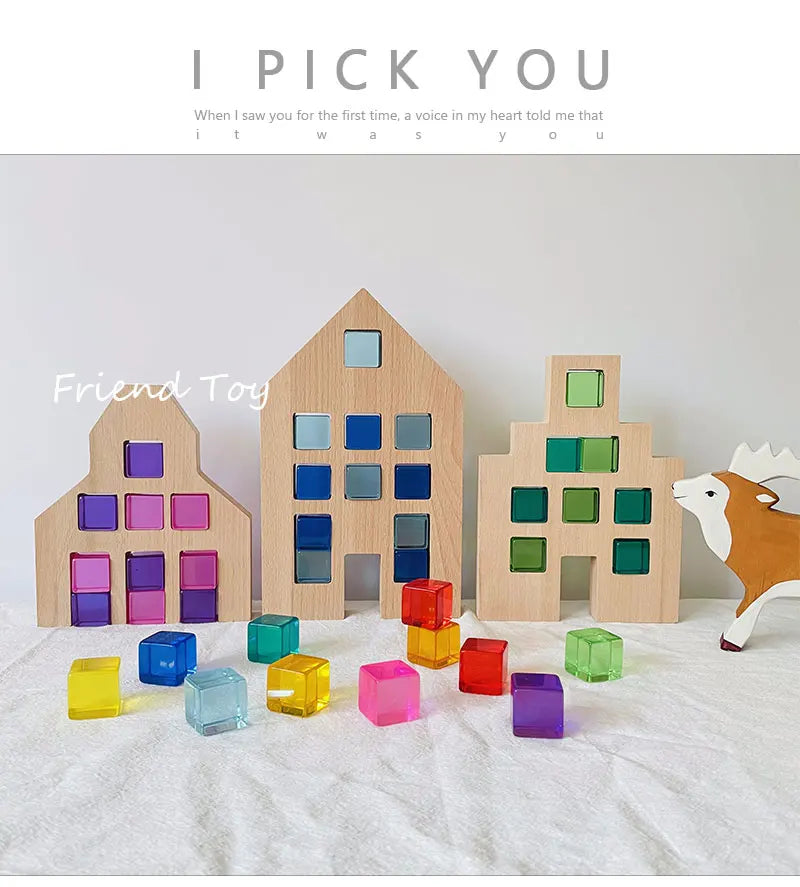 Dutch Wood Houses Lucite Cubes Blocks Rainbow Acrylic Building Blocks Color Street Open-ended Play Montessori Educational Toys