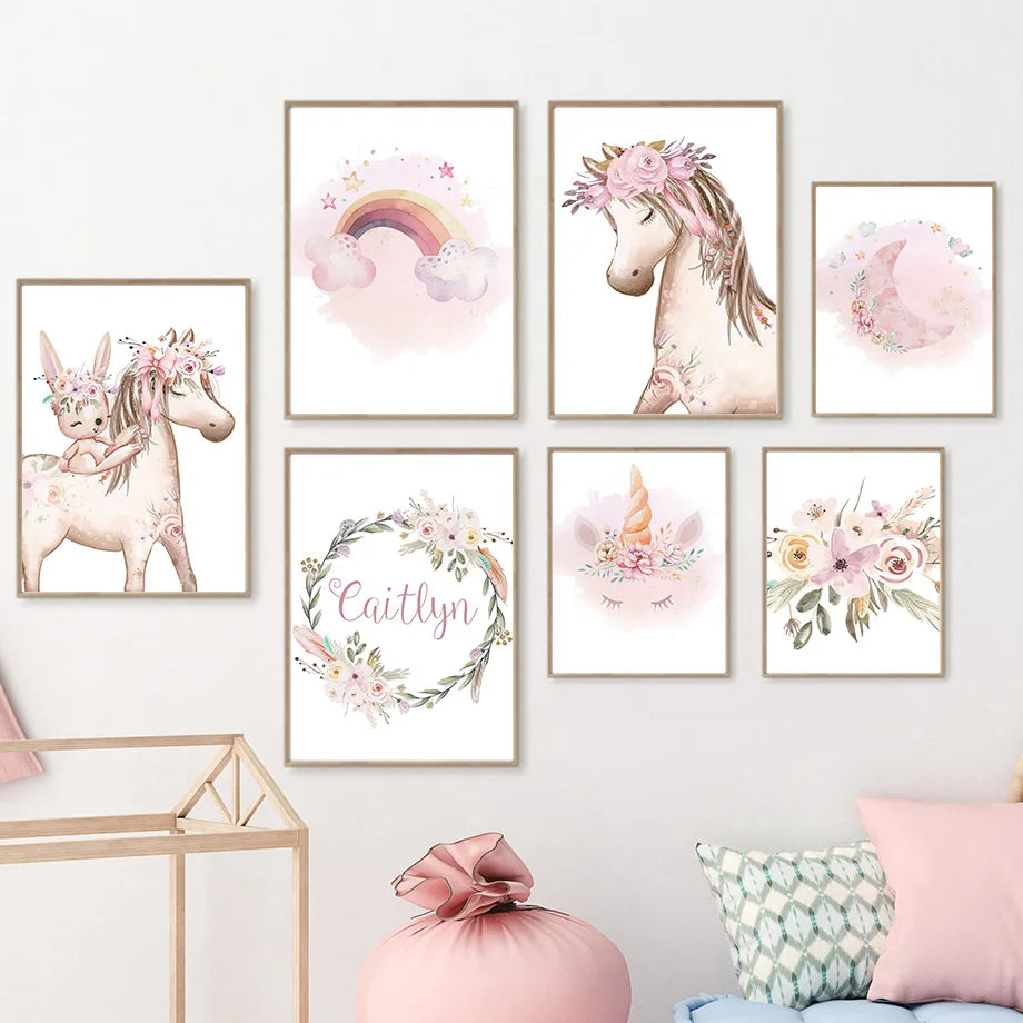 Pink Unicorn Rabbit Moon Rainbow Cloud Flower Wall Art Canvas Painting Nursery Posters And Prints Pictures Girl Kids Room Decor