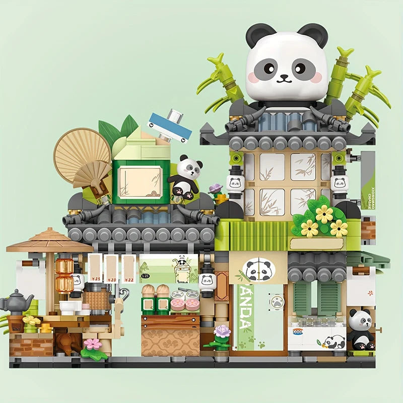 Mini Building Blocks Cute Panda Ornaments Street View Teahouse Assembly Bricks Folding Construction Toys for Children and Adults
