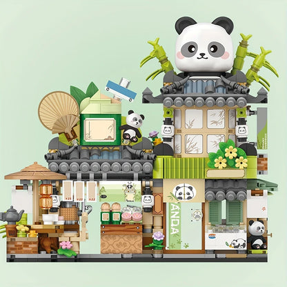 Mini Building Blocks Cute Panda Ornaments Street View Teahouse Assembly Bricks Folding Construction Toys for Children and Adults