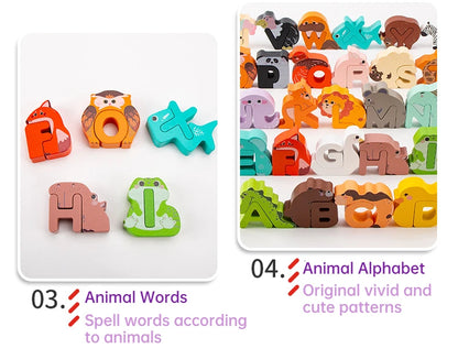 Wooden Alphabet Creative Puzzle Toy Abc Building Blocks Alphabet Cognitive Spelling Jigsaw Animal Puzzle Cute Gift for Kids