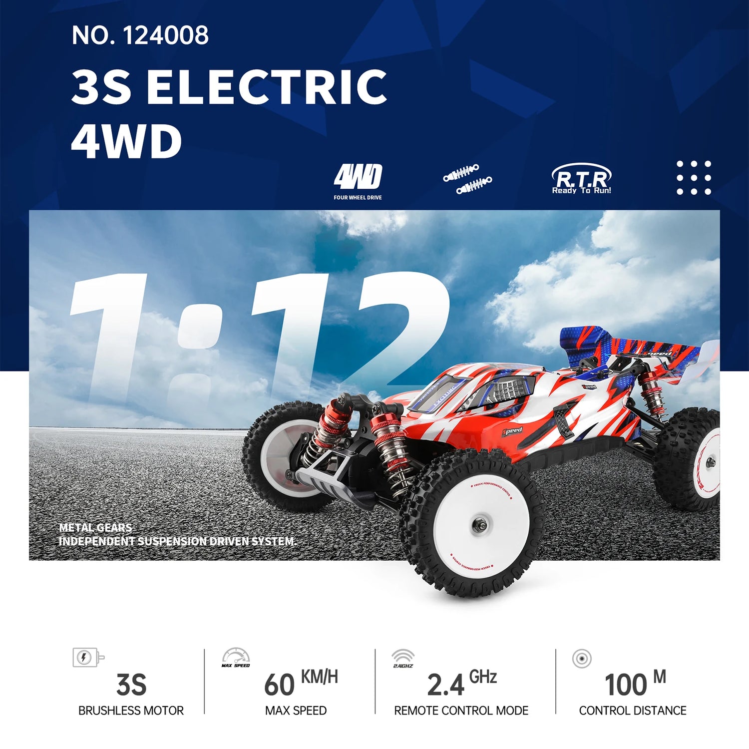 WLtoys 124008 Remote Control Car 1/12 2.4GHz 60KM/H High Speed Off Road Car Brushless 4WD Vehicle 11.1V 2000mAh Gifts for Kids A