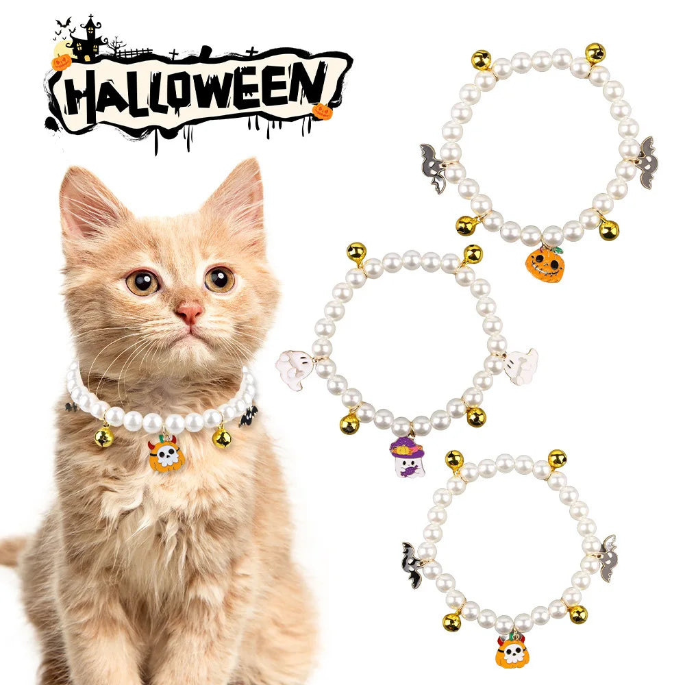 Pet Pearl Necklace Decoration Halloween Cat Collar Little Dog Bell Neck Accessory Pets Cosplay Cat Dog Birthday Gift