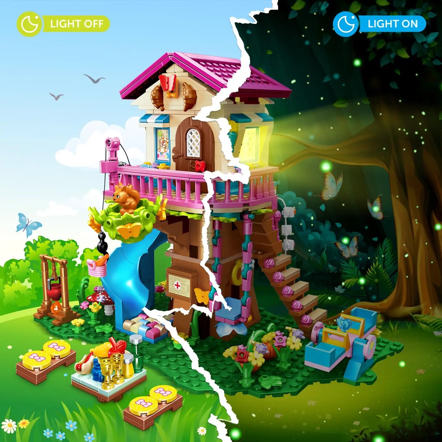 HOGOKIDS Tree House Building Set with LED-Blocks Toy Forest Up House Building Kit with Slide Birthday Gifts for Kids  Age 6+