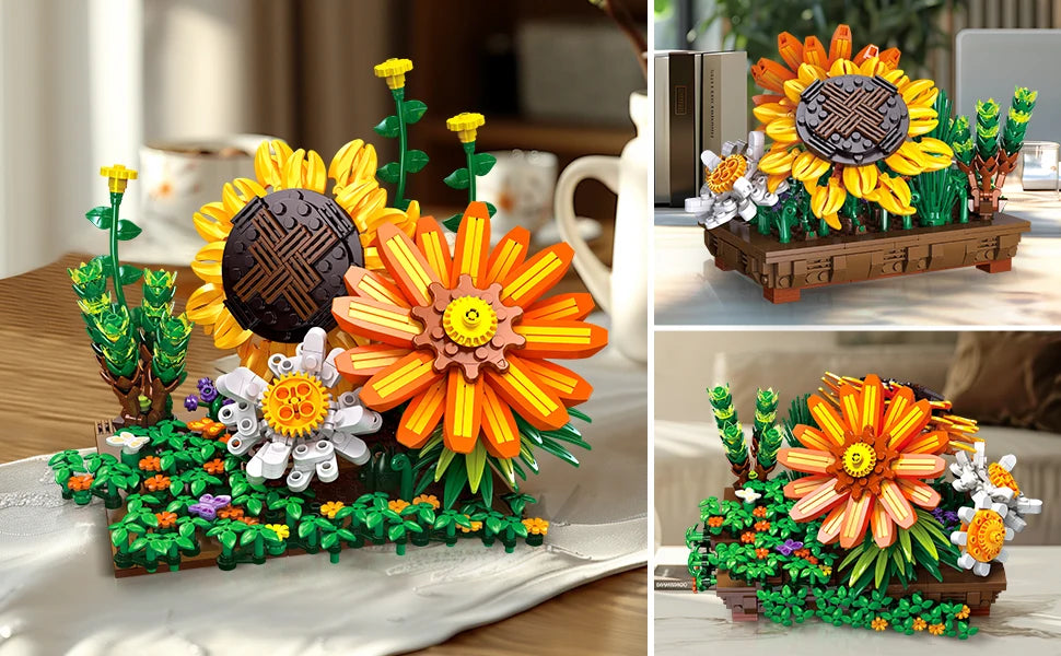 Flower Botanical Bonsai Building Set-2 IN 1 Sunflower Block Toy  Display for Office Décor Valentine&