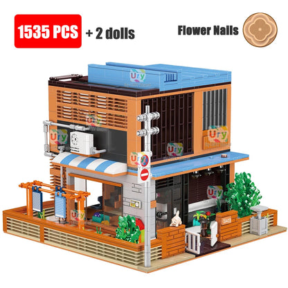 City Street View Modular Japanese Traditional Single-family Villa Retro Flower House MOC Architecture Building Block Toy for Kid