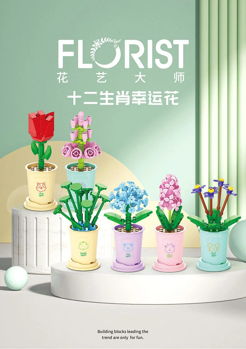 HOT MOC Flowers DIY Potted Plants Micro Landscapes Mini Art Construction Building Blocks Sets Model Dolls Brick Girls Toys Gifts