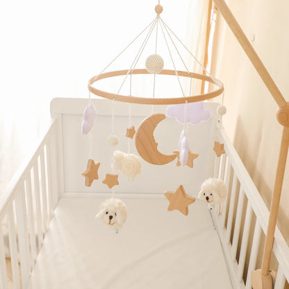 Wooden Baby Rattle Mobile 0-12Month Soft Felt Cartoon Sheep Star Moon Newborn Music Box Hanging Bed Bell Mobile Crib Bracket Toy