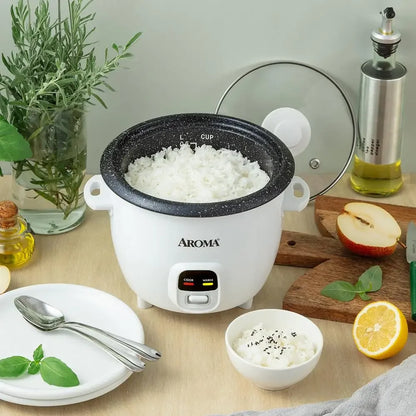 6-Cup Rice &amp; Grain Cooker Bonded Granite® Pot One-Touch Design Keep-Warm Mode Accessories Included Easy to Clean Premium Glass