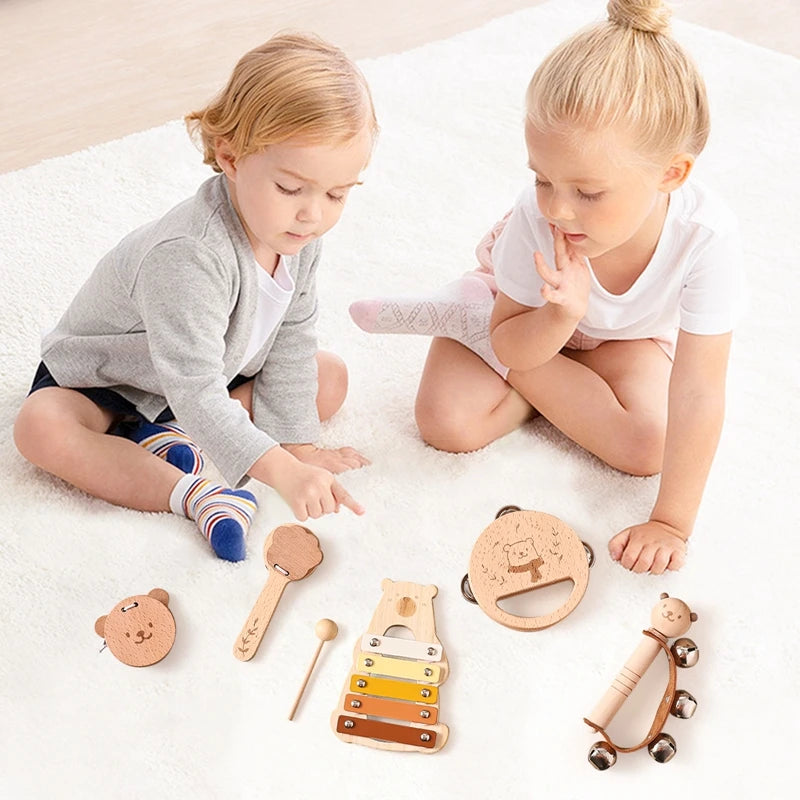 Baby Wooden Musical Instruments Montessori Toys Kids Bear Percussion Xylophone Rain Sound Pipe Music Shaker Early Education Toys