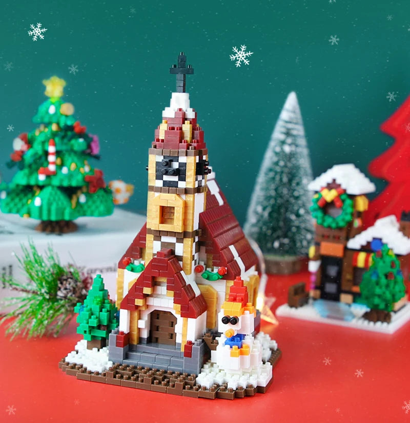 Christmas Elk Deer Santa Claus Train Architecture Store Street View Xmas Tree Snow House Building Blocks Kit Toy