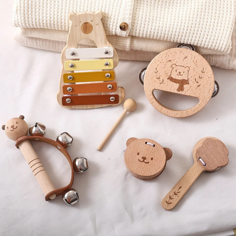 Baby Wooden Musical Instruments Montessori Toys Kids Bear Percussion Xylophone Rain Sound Pipe Music Shaker Early Education Toys