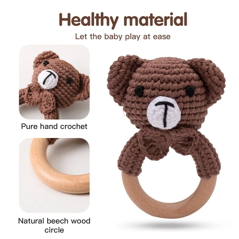 1pc Baby Rattles Crochet Flower Rattle Toy Wood Ring Baby Teether Rodent Infant Gym Mobile Rattles Newborn Educational Toys Gift