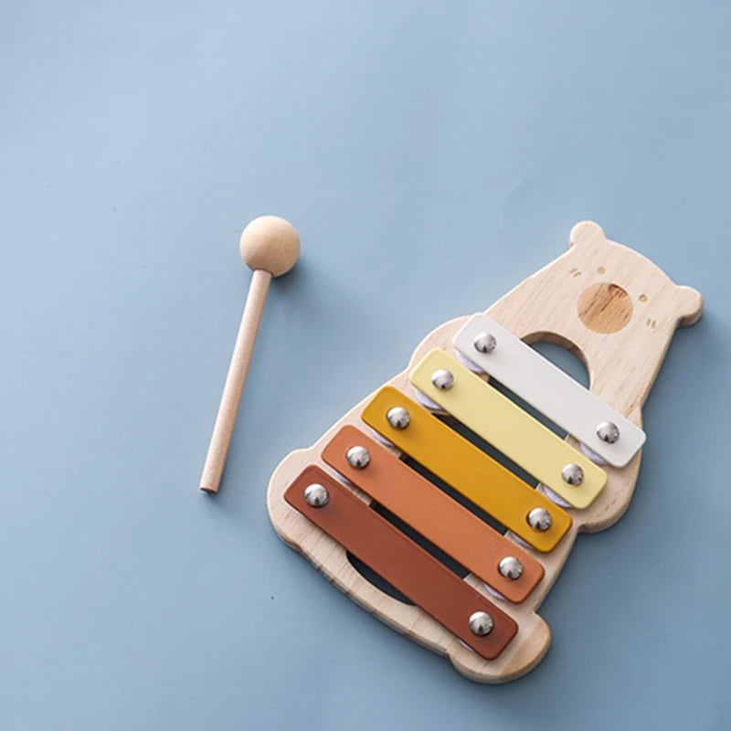 Baby Wooden Musical Instruments Toys Multifunctional Bear Shape Xylophone Octave Playing Musical Percussion Montessori Toys Gift