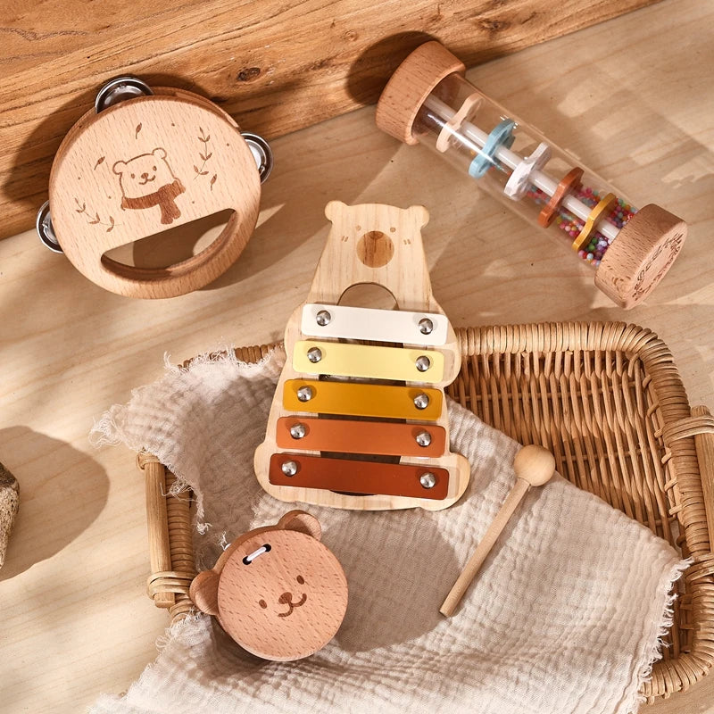 Baby Wooden Musical Instruments Montessori Toys Kids Bear Percussion Xylophone Rain Sound Pipe Music Shaker Early Education Toys