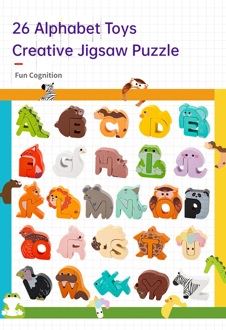 Wooden Alphabet Creative Puzzle Toy Abc Building Blocks Alphabet Cognitive Spelling Jigsaw Animal Puzzle Cute Gift for Kids