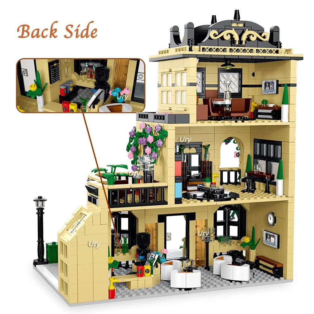 City Street View Modular Coffee Restaurant Retro Flower House with LED Light MOC Architecture Building Block Sets Toys for Kids