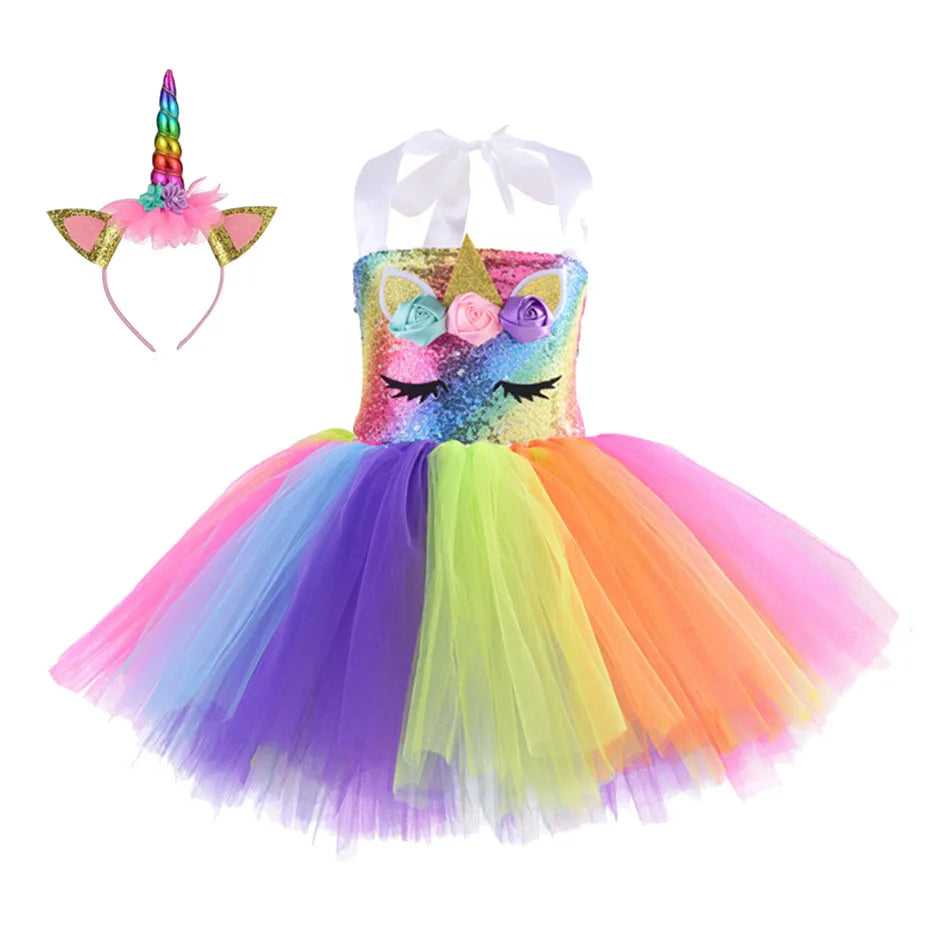 Princess Girls Unicorn Tutu Dress Outfits Pastel Flower Baby Girl Birthday Party Dresses Tulle Kids Halloween Cosplay Costumes